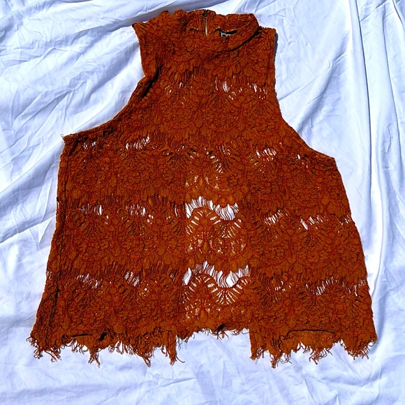 Lace Open Back Crop Top Women Size Large Sleeveless Burnt Orange Blouse - Picture 3 of 15